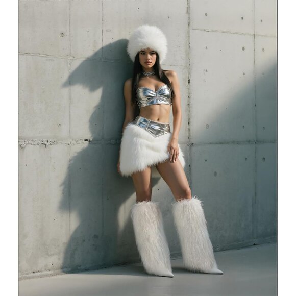 Women's white Kalstage Fur Knee High Heeled Wide Calf Party Fashion Boots - Picture 6 of 6